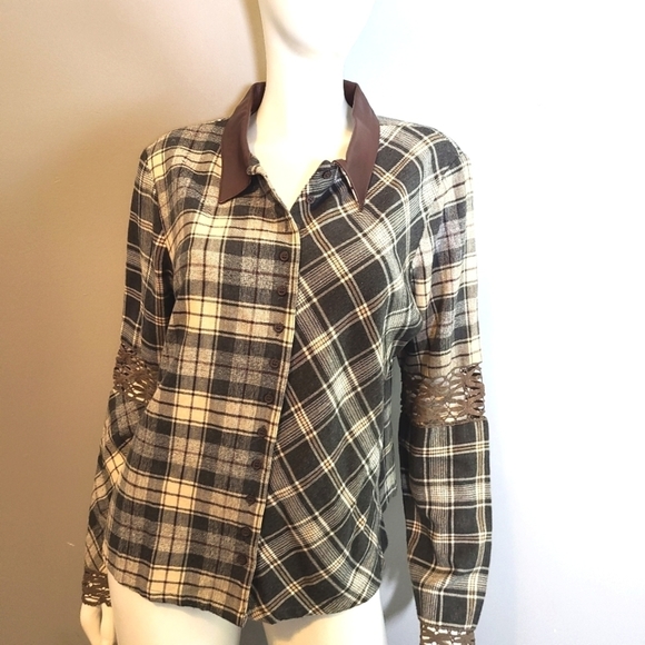 Plaid Leather Collared Lace Sleeve Top - Picture 6 of 9